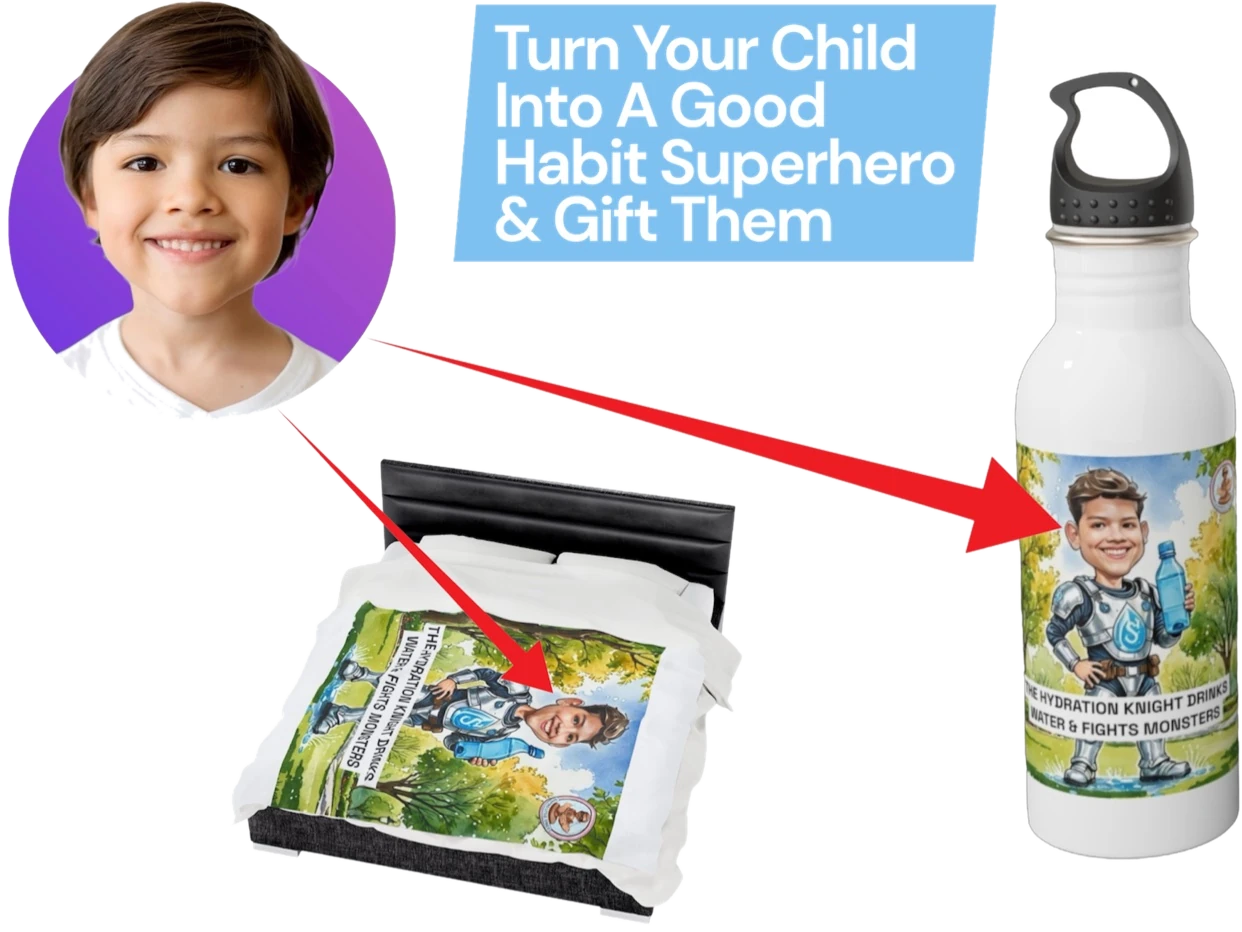 A child's photo transformed into personalized superhero artwork on a blanket and bottle